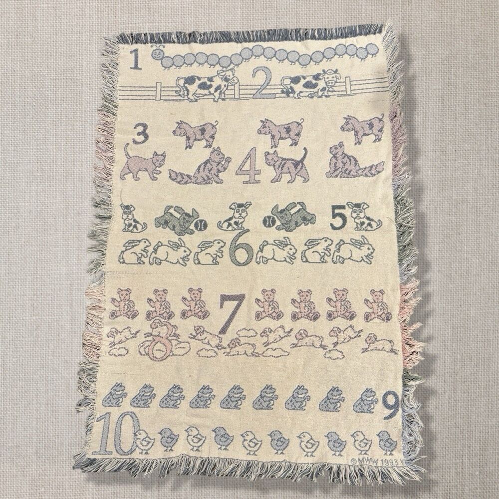 Vintage 1993 Animal Counting Woven Throw Blanket ABC Numbers Nursery 43x29